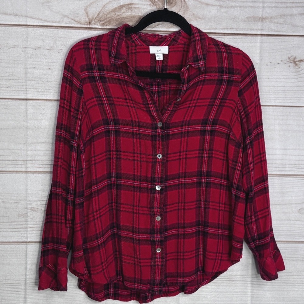 J. Jill Red Plaid Button Down Shirt Womens Small Petite Rayon Long Sleeve Top